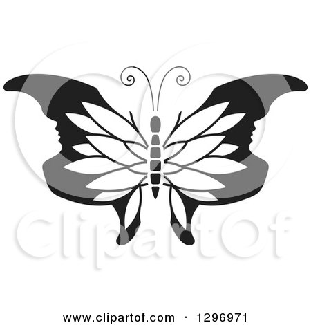 Clipart of a Black and White Butterfly with Petal Patterned and Face Tipped Wings - Royalty Free Vector Illustration by Lal Perera