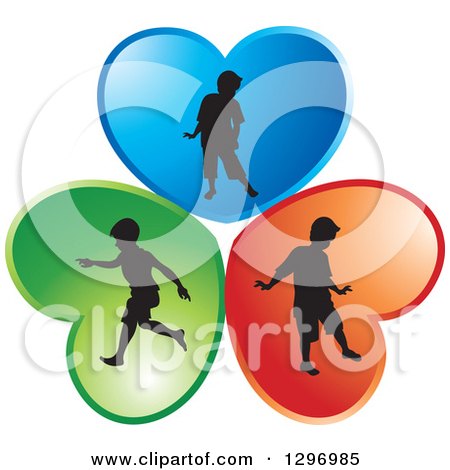Clipart of Black Silhouetted Boys Playing in Blue Red and Green Hearts - Royalty Free Vector Illustration by Lal Perera