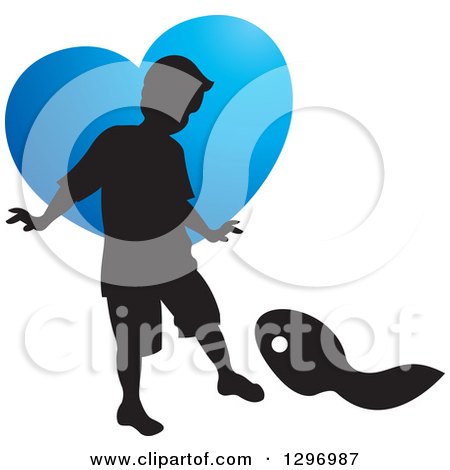 Clipart of a Black Silhouetted Boy Playing over a Blue Heart - Royalty Free Vector Illustration by Lal Perera
