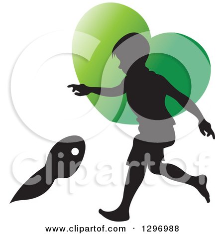 Clipart of a Black Silhouetted Boy Playing over a Green Heart - Royalty Free Vector Illustration by Lal Perera