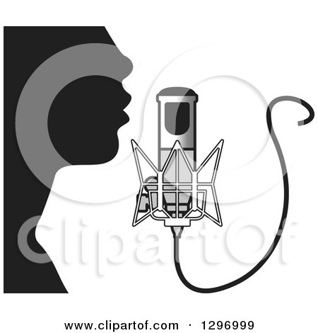 Clipart of a Black Silhouetted Man Singing into a Microphone - Royalty Free Vector Illustration by Lal Perera