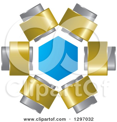 Clipart of a Blue Hexagon with Silver and Gold - Royalty Free Vector Illustration by Lal Perera