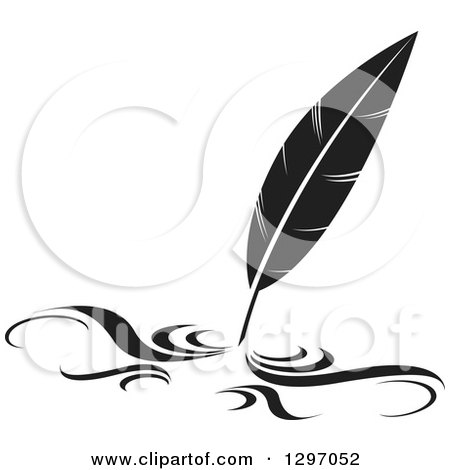 Clipart of a Black and White Writing Feather Quill Pen - Royalty Free Vector Illustration by Lal Perera