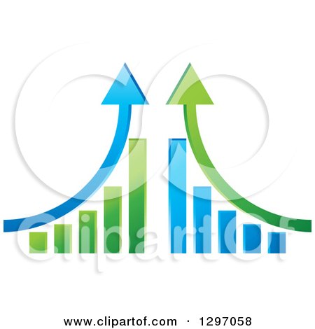 Clipart of Mirrored Green and Blue Bar Graphs with up Arrows - Royalty Free Vector Illustration by Lal Perera