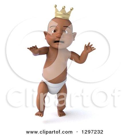 Clipart of a 3d Black Baby Boy Wearing a Crown and Walking - Royalty Free Illustration by Julos