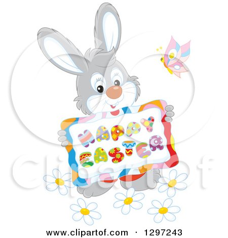 Clipart of a Cartoon Happy Gray Bunny Rabbit Holding a Happy Easter Sign, with a Butterfly and Flowers - Royalty Free Vector Illustration by Alex Bannykh