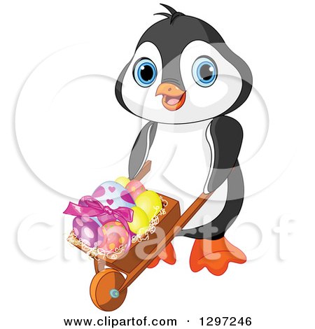 Cute Animal Clipart of an Adorable Baby Penguin Pushing Easter Eggs in a Wheelbarrow - Royalty Free Vector Illustration by Pushkin