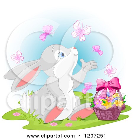 Cute Animal Clipart of an Adorable Bunny Rabbit Watching Butterflies and Sitting with an Easter Basket, over Blue - Royalty Free Vector Illustration by Pushkin