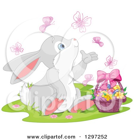 Cute Animal Clipart of an Adorable Gray and White Bunny Rabbit Watching Butterflies and Sitting with an Easter Basket - Royalty Free Vector Illustration by Pushkin