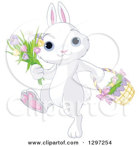 Cute Animal Clipart of an Adorable White Bunny Rabbit Walking with Spring Flowers and an Easter Basket - Royalty Free Vector Illustration by Pushkin