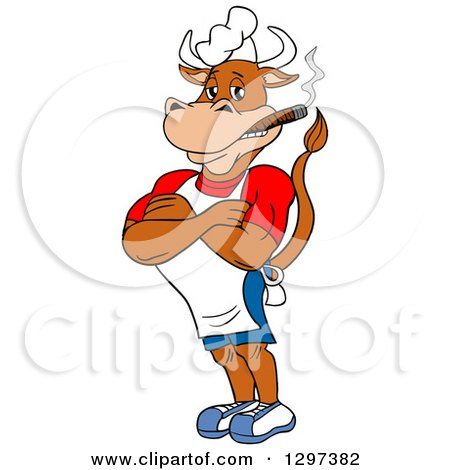Clipart of a Cartoon Grinning Muscular Bbq Chef Cow with Folded Arms, Smoking a Cigar - Royalty Free Vector Illustration by LaffToon