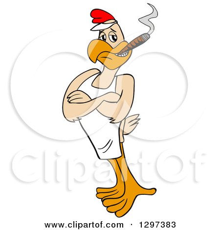 Clipart of a Cartoon Grinning Muscular Bbq Chef Chicken with Folded Arms, Smoking a Cigar - Royalty Free Vector Illustration by LaffToon