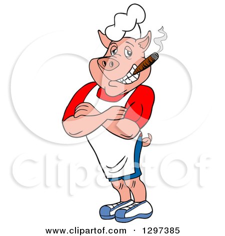 Clipart of a Cartoon Grinning Muscular Bbq Chef Pig with Folded Arms, Smoking a Cigar - Royalty Free Vector Illustration by LaffToon