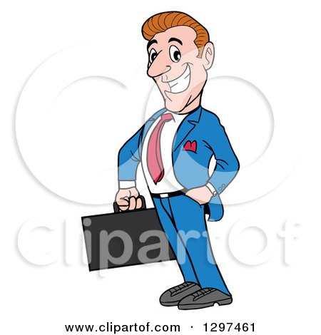 Clipart of a Cartoon Gung Ho White Businessman Facing Left and Holding a Briefcase, One Hand in a Pocket - Royalty Free Vector Illustration by LaffToon