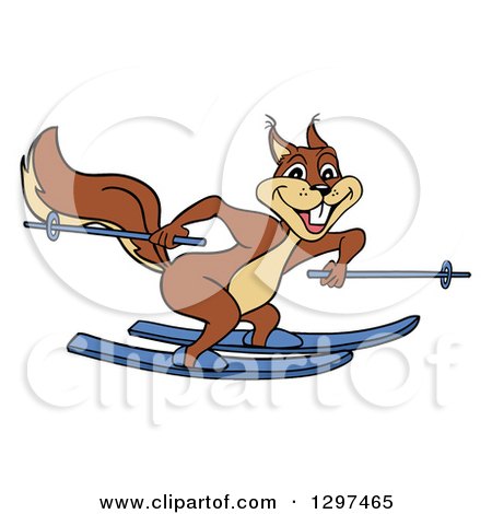 Clipart of a Cartoon Excited Brown Squirrel Skiing - Royalty Free Vector Illustration by LaffToon