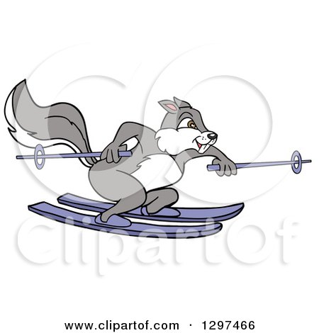 Clipart of a Cartoon Gray Squirrel Skiing - Royalty Free Vector Illustration by LaffToon