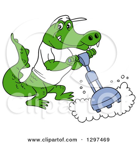 Clipart of a Cartoon Alligator Buffing a Floor - Royalty Free Vector Illustration by LaffToon