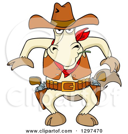 Clipart of a Cartoon Tough Western Cowboy Horse Ready to Draw Guns - Royalty Free Vector Illustration by LaffToon