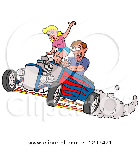 Clipart of a Cartoon Salivating Drooling White Man Peeling out in a Hot Rod and Checking out a Blond Female Passenger - Royalty Free Vector Illustration by LaffToon