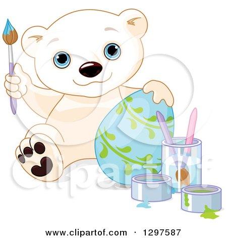 Clipart of a Cute Polar Bear Cub Painting an Easter Egg with Vines - Royalty Free Vector Illustration by Pushkin