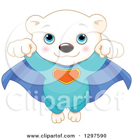 Clipart of a Cute Polar Bear Cub Super Hero Flying Forward - Royalty Free Vector Illustration by Pushkin