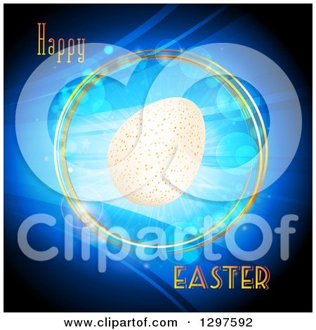 Clipart of a 3d Speckled Egg in a Ring of Rays and Flares over Blue and Happy Easter Text - Royalty Free Vector Illustration by elaineitalia