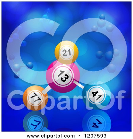 Clipart of a 3d Bingo or Lottery Ball Molecule over Blue - Royalty Free Vector Illustration by elaineitalia