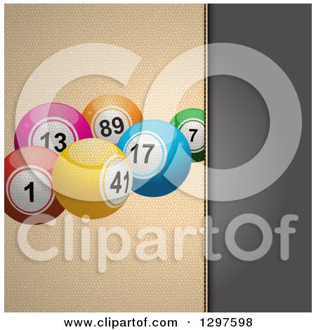 Clipart of a Split Panel Background of Black Leather and Textured Cream with Bingo or Lottery Balls - Royalty Free Vector Illustration by elaineitalia