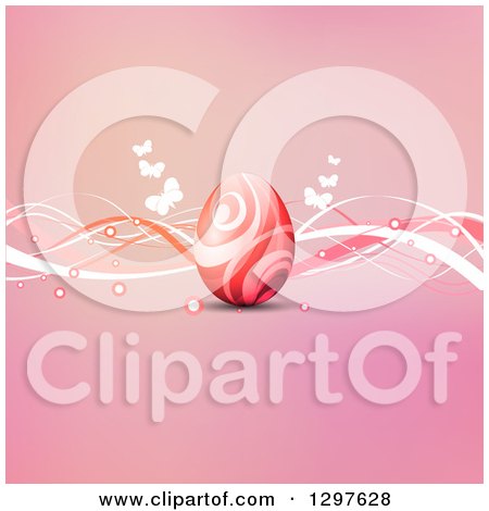 Clipart of a 3d Red Swirl Patterned Easter Egg with Butterflies and Waves on Pink - Royalty Free Vector Illustration by KJ Pargeter