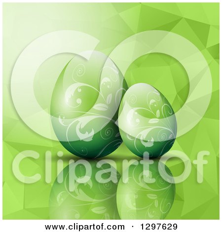 Clipart of 3d Green Vine Patterned Easter Eggs over a Geometric Texture - Royalty Free Vector Illustration by KJ Pargeter