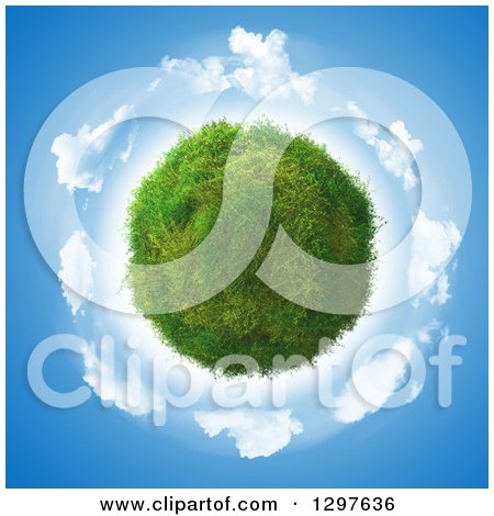 Clipart of a 3d Grass and Clover Planet over a Circle of Clouds in the Sky - Royalty Free Illustration by KJ Pargeter