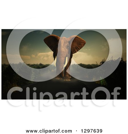 Clipart of a 3d Elephant Walking Forward in a Dark Landscape - Royalty Free Illustration by KJ Pargeter