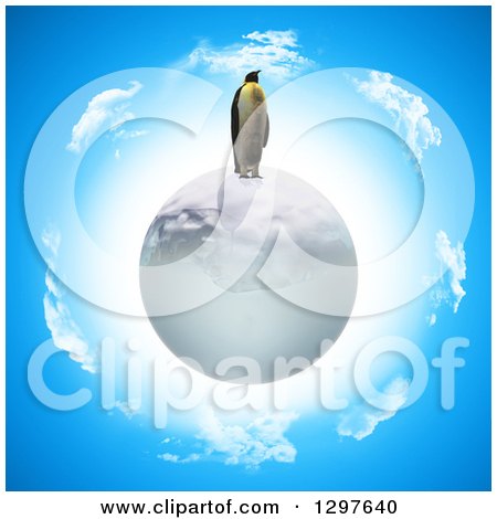 Clipart of a 3d Penguin on an Ice Globe over Sky - Royalty Free Illustration by KJ Pargeter