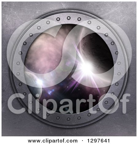 Clipart of a 3d Metal Porthole Window with a View of Outer Space - Royalty Free Illustration by KJ Pargeter