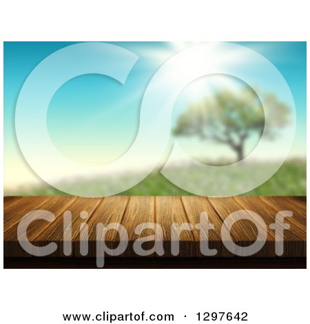 Clipart of a 3d Wood Deck or Table with a View of a Tree on a Hill - Royalty Free Illustration by KJ Pargeter