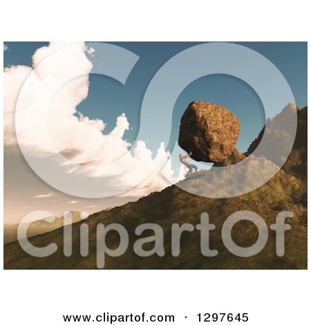 Clipart of a 3d Man Pushing a Boulder up a Mountain Side - Royalty Free Illustration by KJ Pargeter