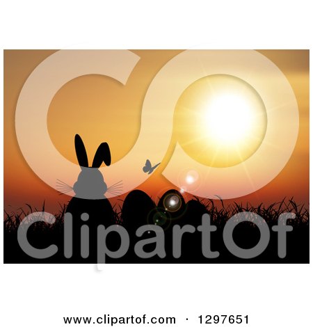 Clipart of a Silhouetted Easter Bunny with Eggs, a Butterfly and Grass Against an Orange Sunset - Royalty Free Vector Illustration by KJ Pargeter