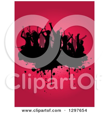 Clipart of a Crowd of Black Silhouetted Dancers on Grunge over Gradient Pink - Royalty Free Vector Illustration by KJ Pargeter