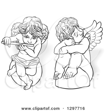 Clipart of a Black and White Angels Sitting on Rocks, One Sad, One Playing a Flute, with Shadows - Royalty Free Vector Illustration by dero