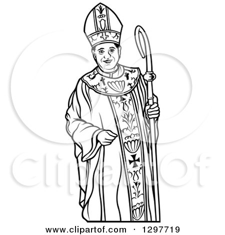 Clipart of a Black and White Bishop with a Staff - Royalty Free Vector Illustration by dero