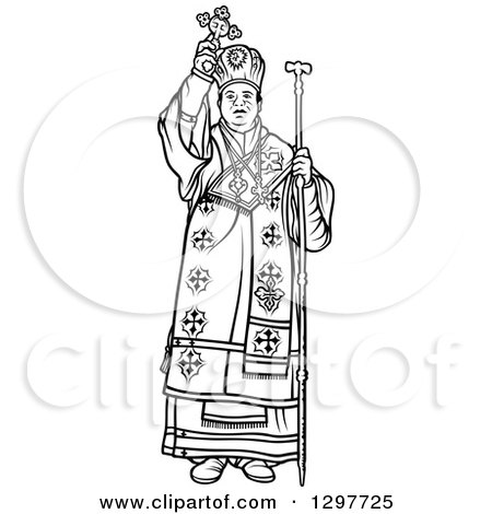 Clipart of a Black and White Bishop Holding up a Cross - Royalty Free Vector Illustration by dero