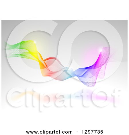 Clipart of a Rainbow Mesh Wave and Flares over Gray - Royalty Free Vector Illustration by dero