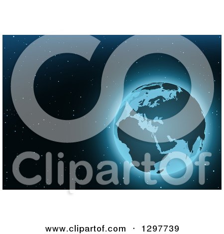 Clipart of a Glowing Blue Planet Earth over a Dark Starry Sky - Royalty Free Vector Illustration by dero