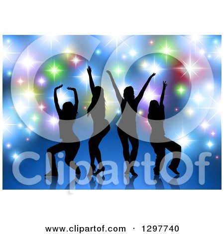 Clipart of a Black Silhouetted Female Dancers or Singers over Blue with Colorful Sparkling Lights - Royalty Free Vector Illustration by dero