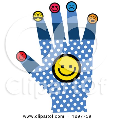Clipart of a Blue Hand with White Polka Dots and Smiley Faces - Royalty Free Vector Illustration by Prawny