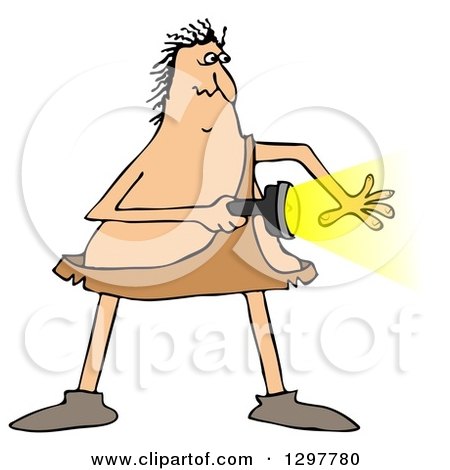 Clipart of a Chubby Caveman Shining a Flashlight to the Right - Royalty Free Illustration by djart