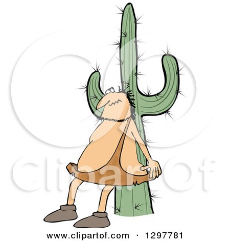 Clipart of a Chubby Caveman Scratching His Back Against a Cactus - Royalty Free Vector Illustration by djart