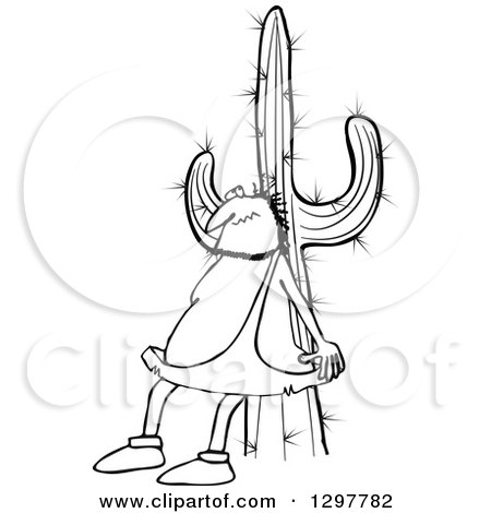 Clipart of a Black and White Chubby Caveman Scratching His Back Against a Cactus - Royalty Free Vector Illustration by djart
