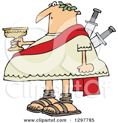 Clipart of a Chubby Julius Caesar Holding a Goblet, with Knives Stabbed in His Back - Royalty Free Vector Illustration by djart