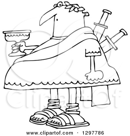 Clipart of a Black and White Chubby Julius Caesar Holding a Goblet, with Knives Stabbed in His Back - Royalty Free Vector Illustration by djart